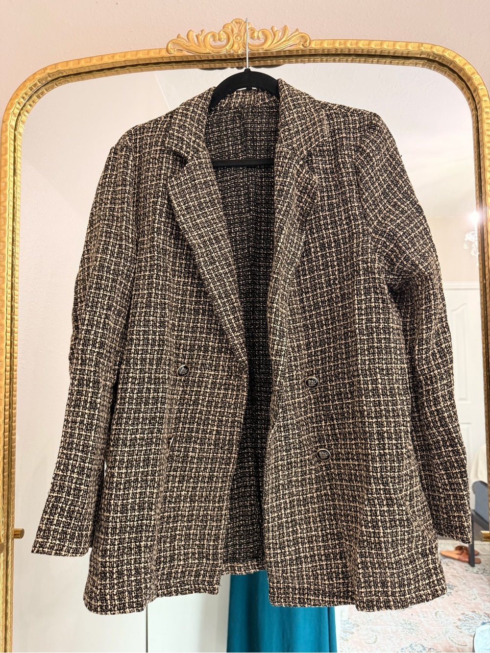 SHEIN Black & White Tweed Double-Breasted Blazer Jacket
